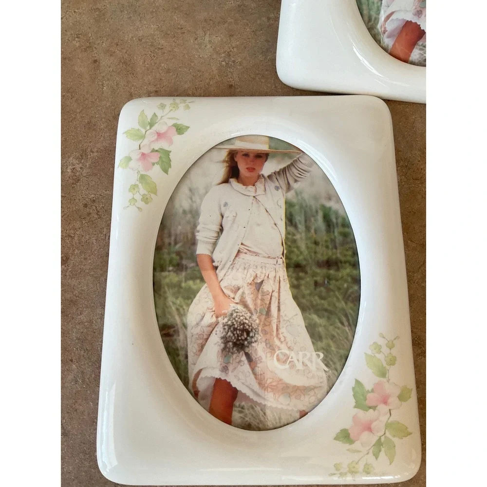 Carr Vintage Ceramic Floral Picture Frames Set 2 Pink White Oval 5x7 Opening